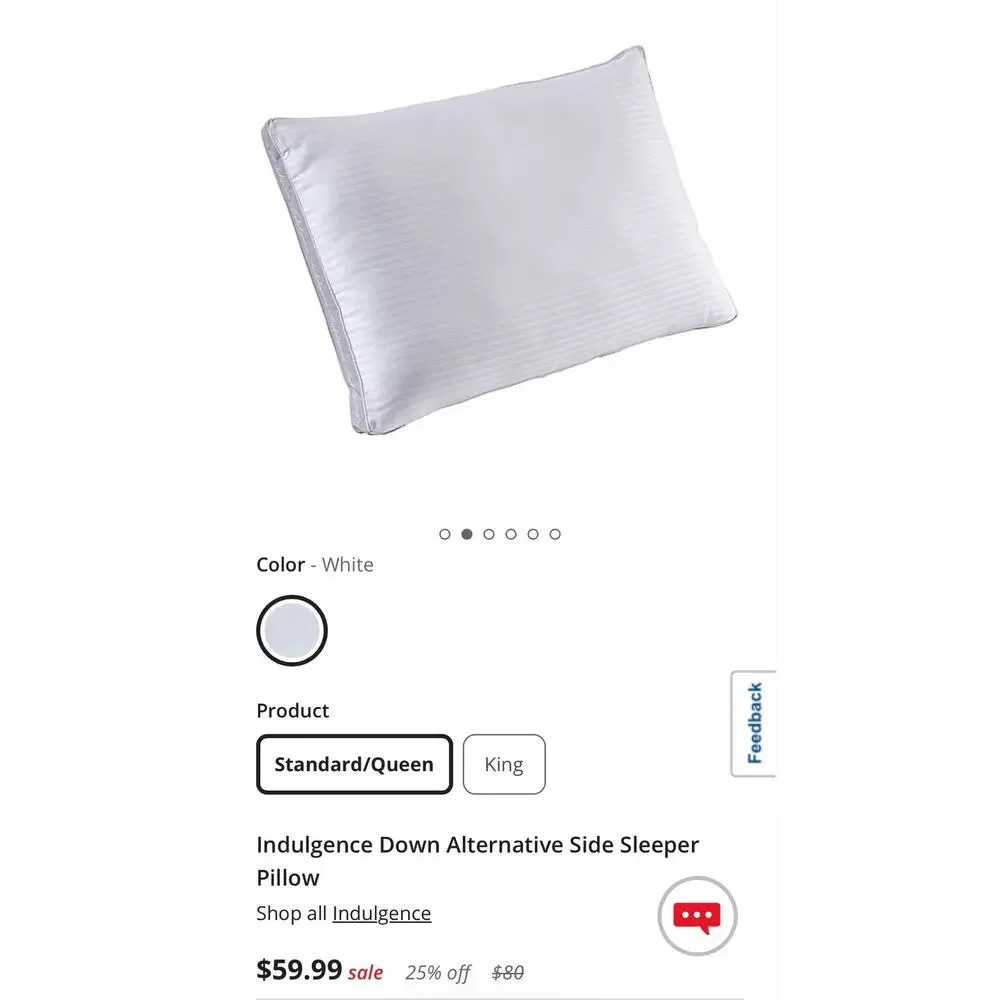 Indulgence Down Alternative Side Sleeper Pillow White Standard/Queen